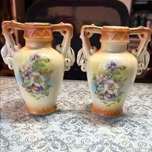 Cream and Orange Double-Handled Vases with Floral Accents